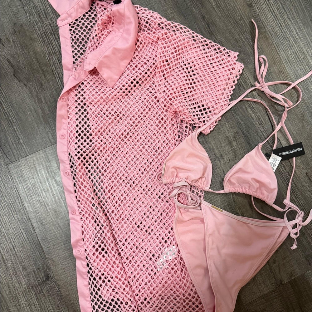 PrettyLittleThing Pink Mesh Swim Cover-Up and Bikini Set